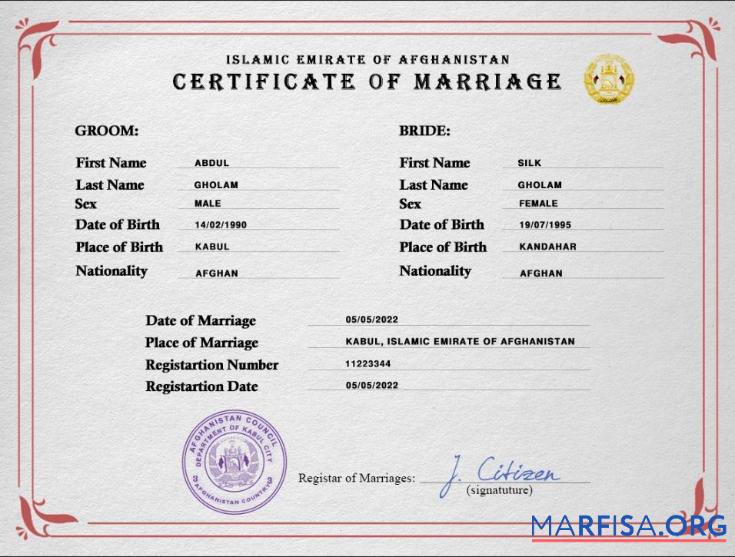Realistic Afghanistan marriage certificate PSD template